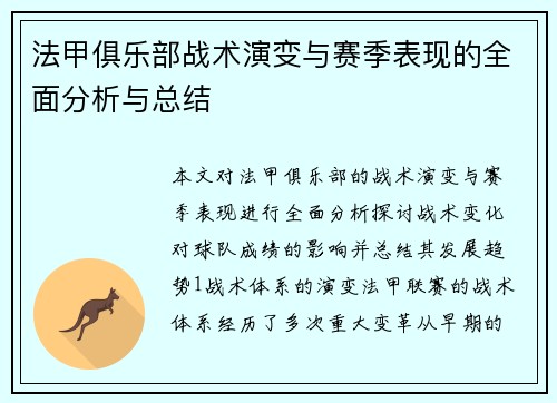 法甲俱乐部战术演变与赛季表现的全面分析与总结