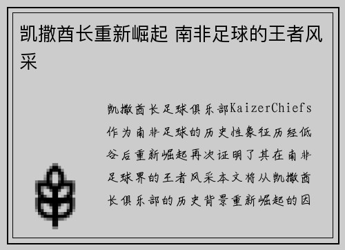 凯撒酋长重新崛起 南非足球的王者风采